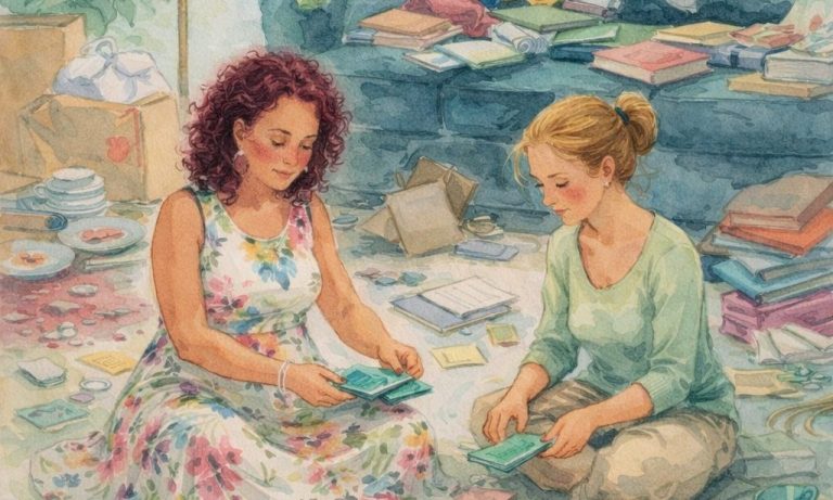 Unordnung in drei Szenen: Ordnen mit Kind, Stress am Schreibtisch, Paar-Konflikte auf der Couch.