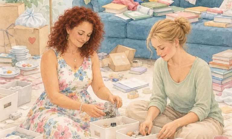 Zwei Frauen sitzen auf dem Boden und sortieren Gegenstände in einer Wohnung