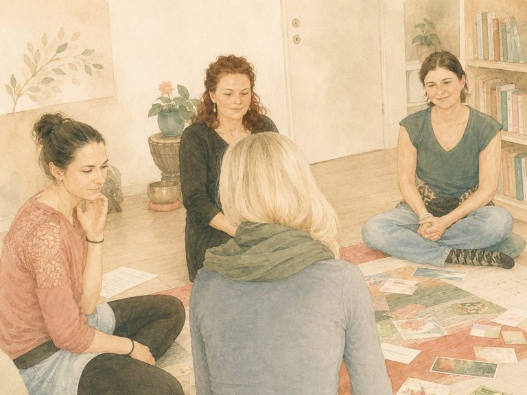 Barbara Lipp: Vorträge & Workshops Vier Frauen sitzen im Kreis auf dem Boden und diskutieren über Karten in einem hellen Raum.