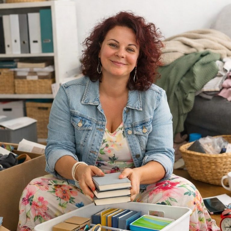 DI Barbara Lipp, MA (achtsamer Ordnungscoach) Frau mit lockigem, rotem Haar sitzt auf dem Boden und hält Bücher zum Einordnen in eine Kiste.