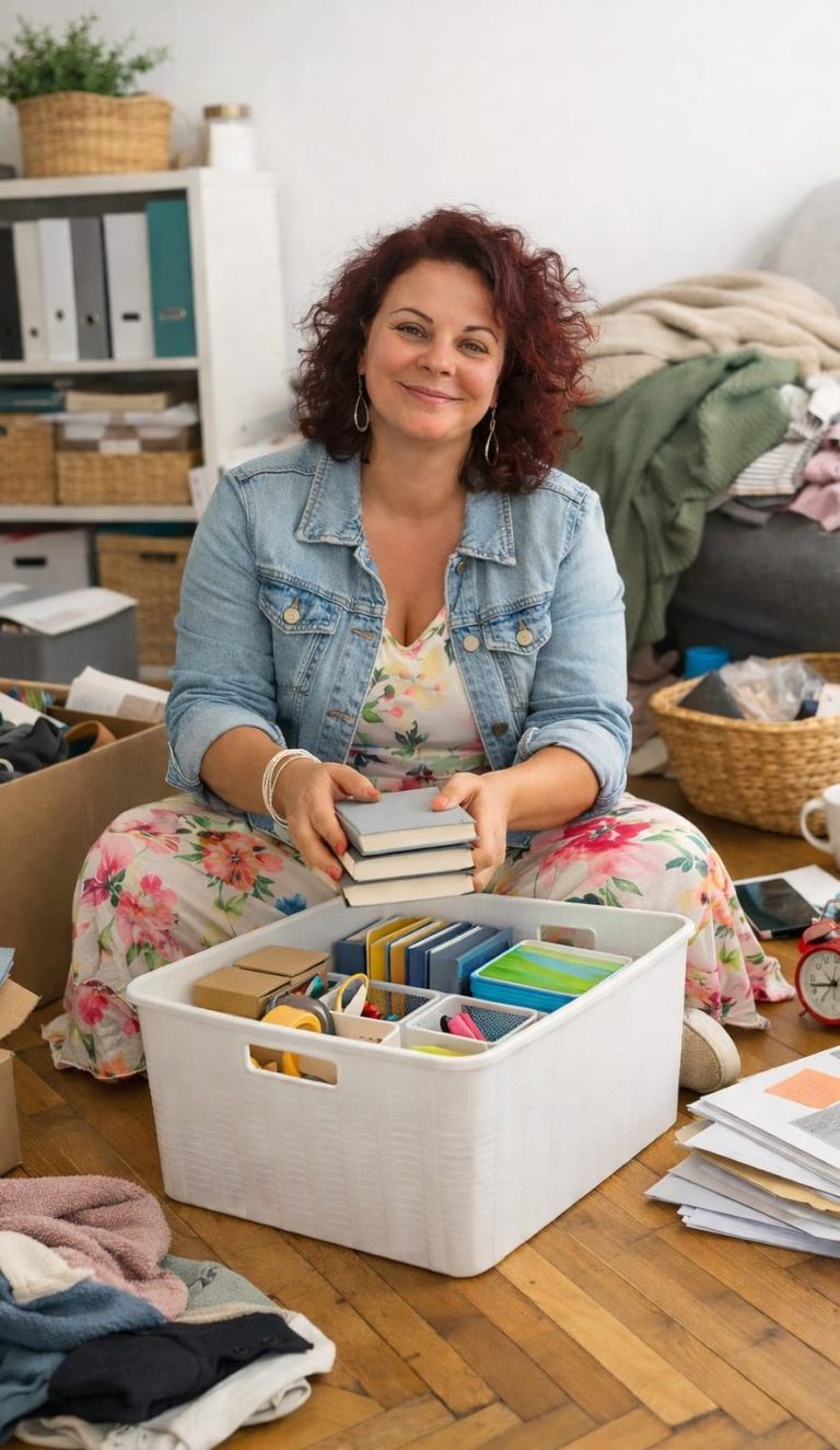 Frau mit lockigen Haaren sitzt am Boden und soriert Bücher